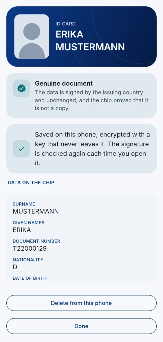 Result: genuine document, with the photo and the data read from the chip