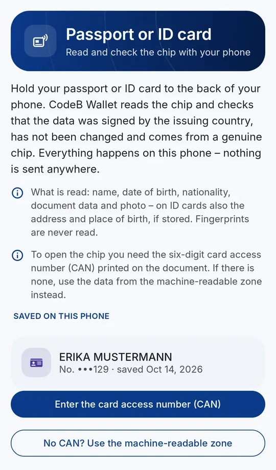 The ID card screen of CodeB Wallet: buttons to enter the card access number or use the machine-readable zone, and a saved ID card