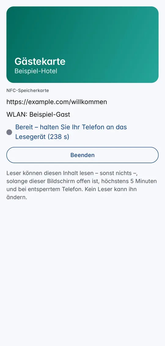 Die NFC-Speicherkarte ist bereit: Telefon an den Leser halten, mit Countdown und „Beenden“