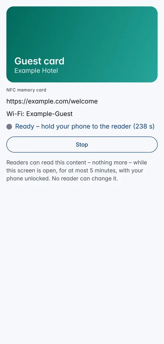 The NFC memory card is ready: hold your phone to the reader, with a countdown and a Stop button