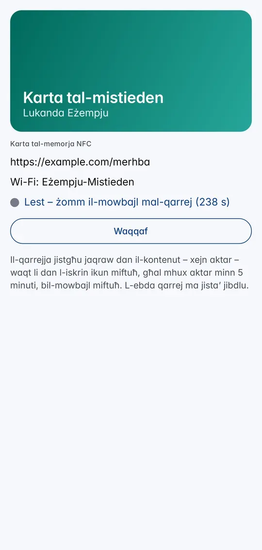 Il-karta tal-memorja NFC lesta: żomm il-mowbajl mal-qarrej, b’countdown u buttuna Waqqaf