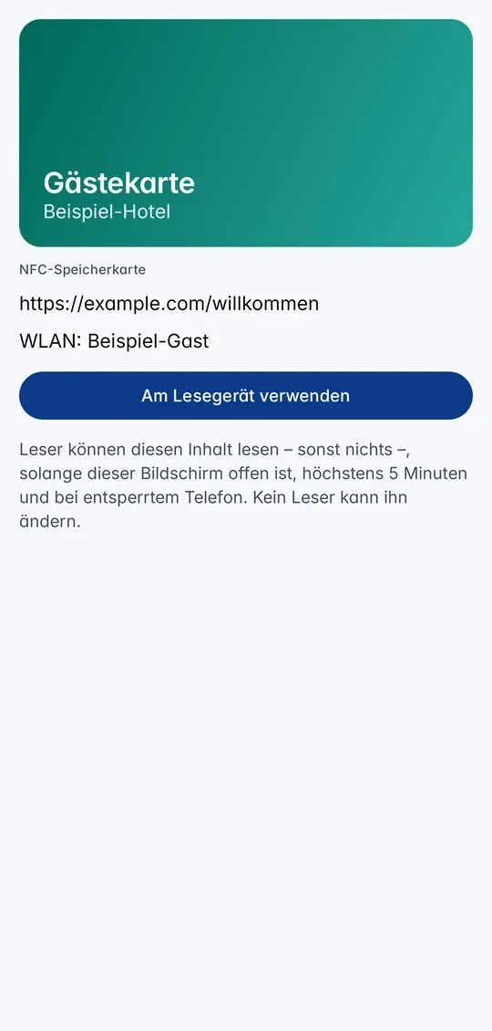Eine NFC-Speicherkarte in CodeB Wallet mit ihrem Inhalt und der Schaltfläche „Am Lesegerät verwenden“