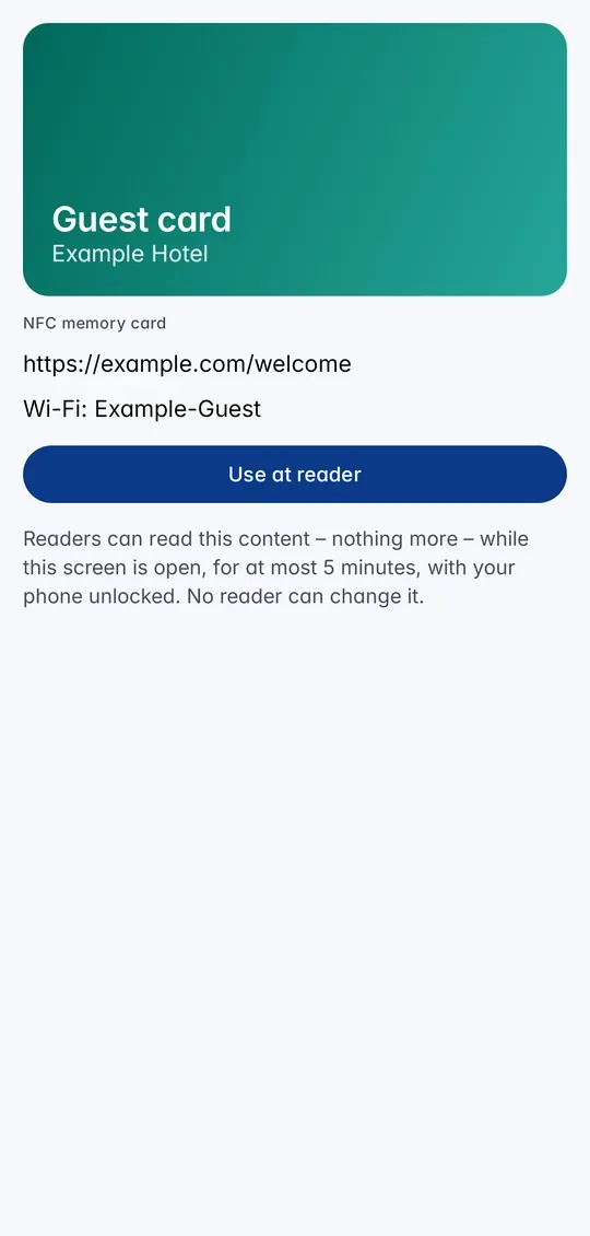 An NFC memory card in CodeB Wallet with its content and the button Use at reader