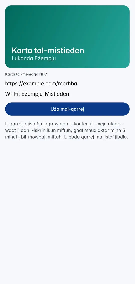 Karta tal-memorja NFC f’CodeB Wallet bil-kontenut tagħha u l-buttuna Uża mal-qarrej