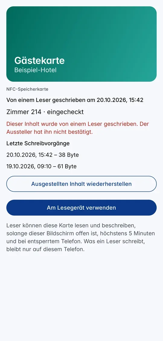 Eine beschreibbare NFC-Speicherkarte nach einem Schreibvorgang, mit den letzten Schreibvorgängen und „Ausgestellten Inhalt wiederherstellen“