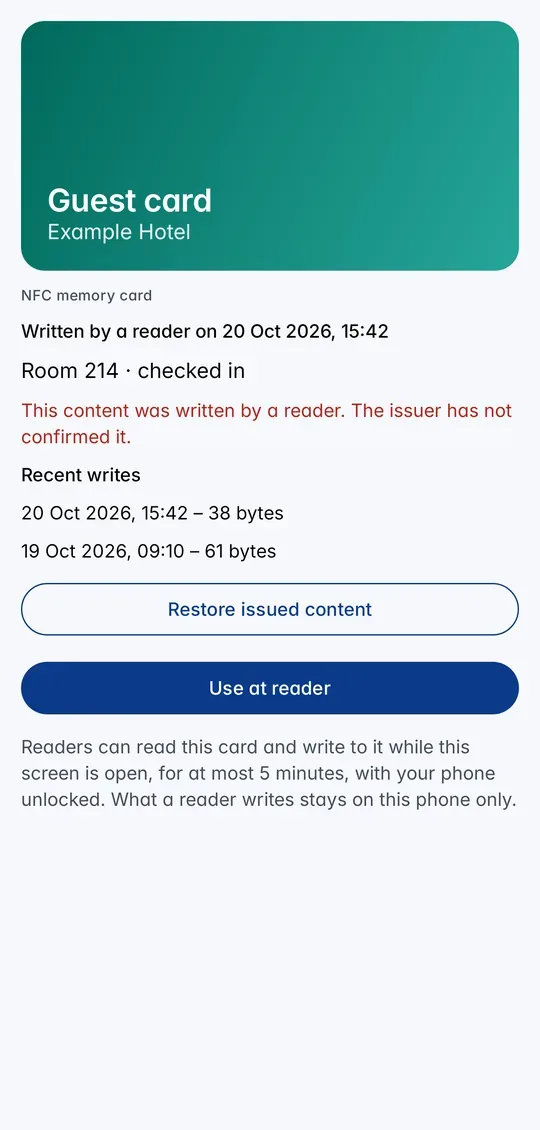A writable NFC memory card after a write, with the recent writes and Restore issued content