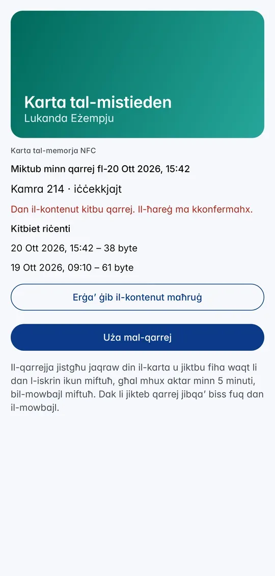 Karta tal-memorja NFC li tinkiteb wara kitba, bil-kitbiet riċenti u Erġa’ ġib il-kontenut maħruġ
