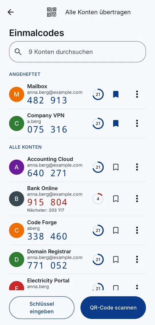 Die Liste der Einmalcode-Konten