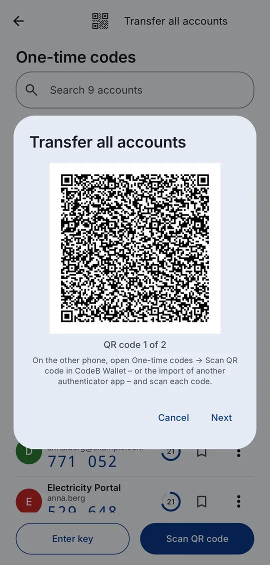 Transfer all accounts as QR codes