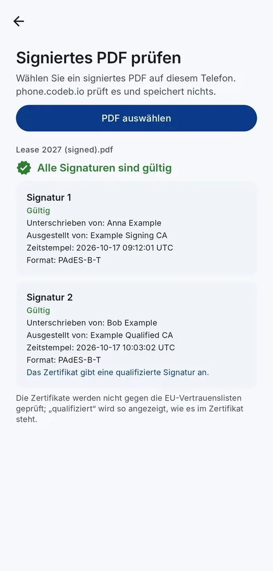 Signaturprüfung eines PDFs: jede Signatur mit Unterzeichner, Zeit und Format