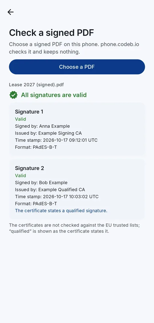 Signature check of a PDF: each signature with signer, time and format