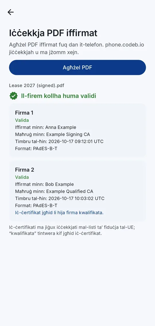 Kontroll tal-firem ta’ PDF: kull firma bil-firmatarju, il-ħin u l-format