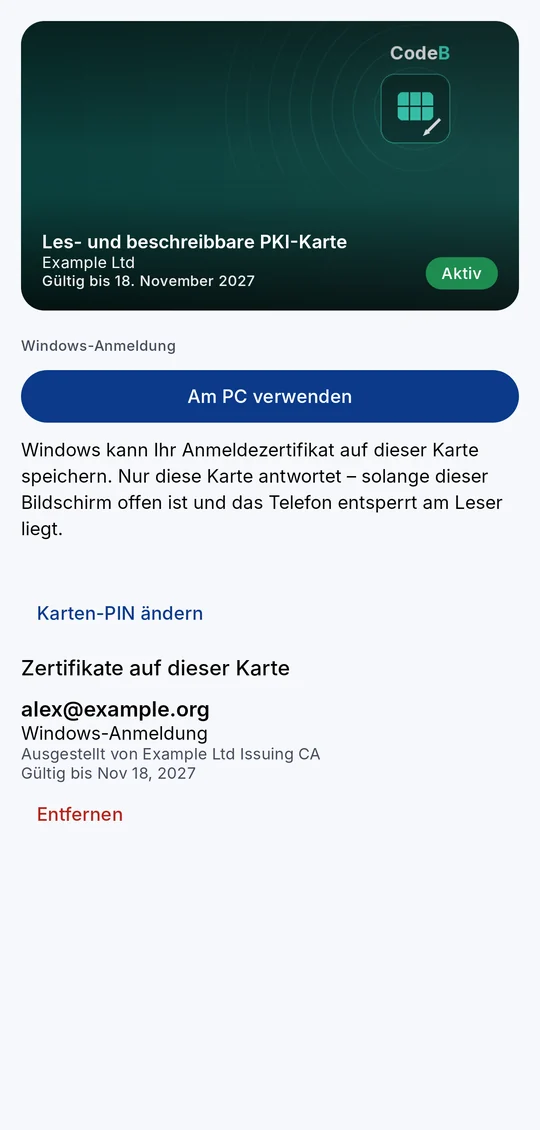 Die Seite der les- und beschreibbaren PKI-Karte: „Karten-PIN ändern“ und das Zertifikat auf der Karte mit Zweck, Aussteller, Gültigkeit und Entfernen