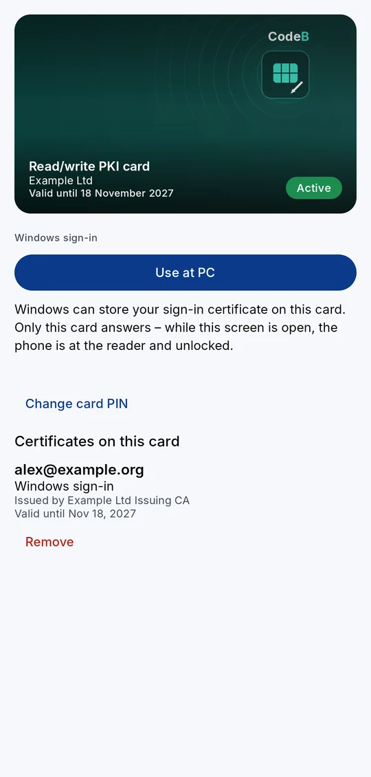 The read/write PKI card page: “Change card PIN” and the certificate on the card with purpose, issuer, validity and Remove