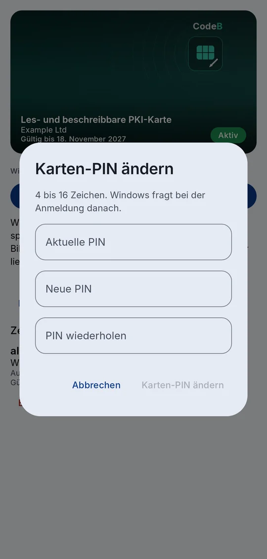 „Karten-PIN ändern“: aktuelle PIN, neue PIN und Wiederholung, bestätigt mit Fingerabdruck, Gesicht oder Displaysperre