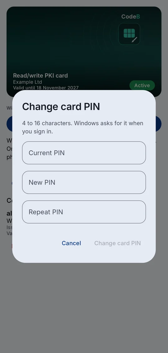 “Change card PIN”: current PIN, new PIN and repeat PIN, confirmed with fingerprint, face or screen lock