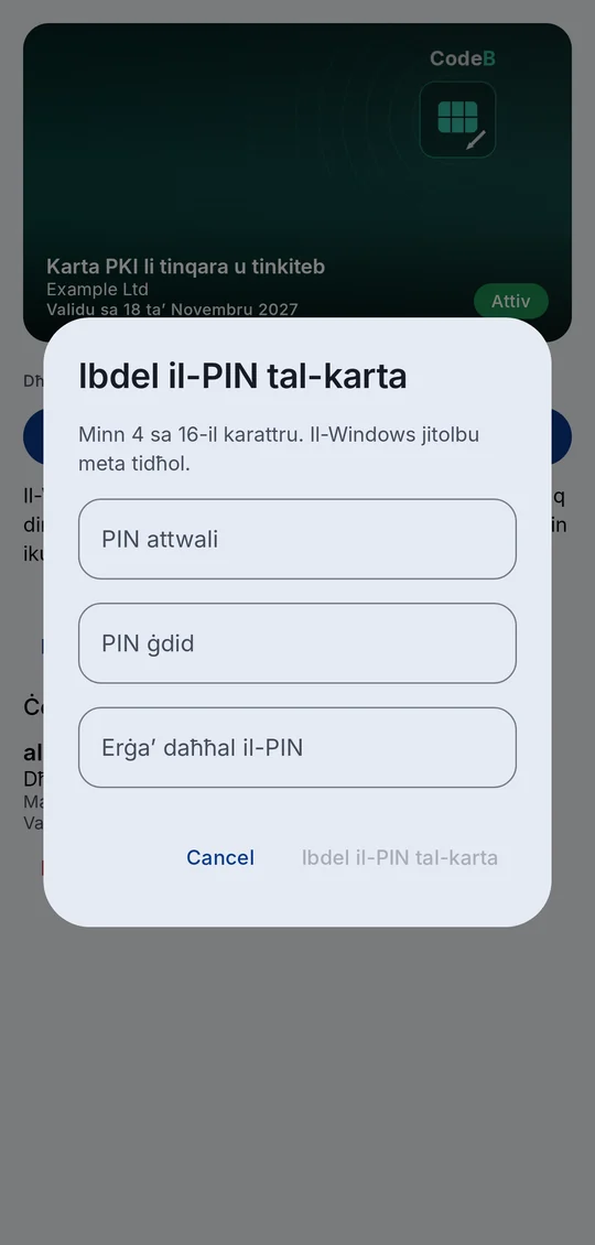 “Ibdel il-PIN tal-karta”: il-PIN attwali, il-PIN il-ġdid u r-ripetizzjoni, ikkonfermat bil-marka tas-saba’, il-wiċċ jew is-serratura