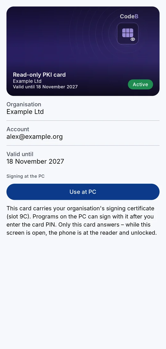 A read-only PKI card in CodeB Wallet with its own badge and the button Use at PC