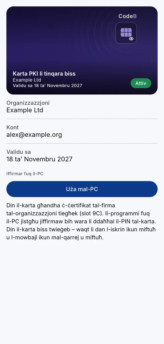 Karta PKI li tinqara biss f’CodeB Wallet bl-istampa tagħha u l-buttuna Uża mal-PC