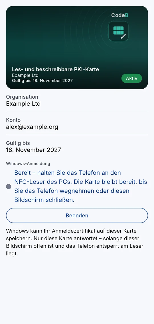 Die les- und beschreibbare PKI-Karte ist bereit: Telefon an den NFC-Leser des PCs halten – sie bleibt bereit, bis Sie das Telefon wegnehmen – mit Schaltfläche Beenden