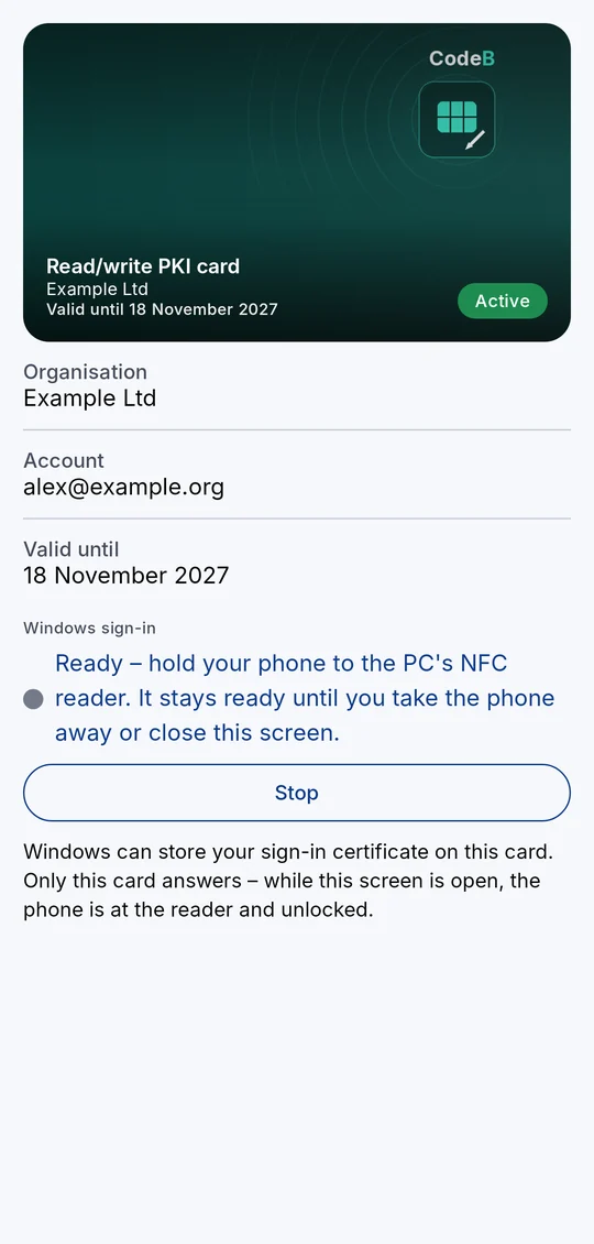 The read/write PKI card is ready: hold your phone to the PC’s NFC reader – it stays ready until you take the phone away – with a Stop button