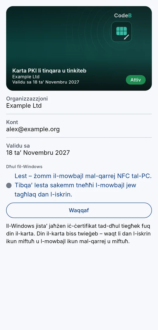 Il-karta PKI li tinqara u tinkiteb lesta: żomm il-mowbajl mal-qarrej NFC tal-PC – tibqa’ lesta sakemm tneħħi l-mowbajl – b’buttuna Waqqaf