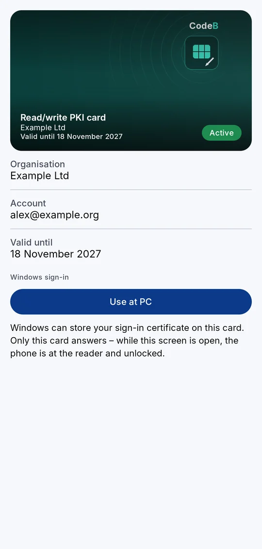 A read/write PKI card in CodeB Wallet with its badge, organisation and validity, and the button Use at PC