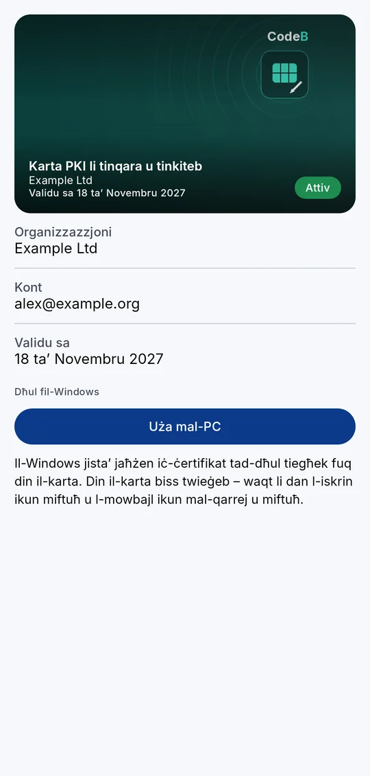Karta PKI li tinqara u tinkiteb f’CodeB Wallet bl-istampa tal-karta, l-organizzazzjoni u l-validità, u l-buttuna Uża mal-PC