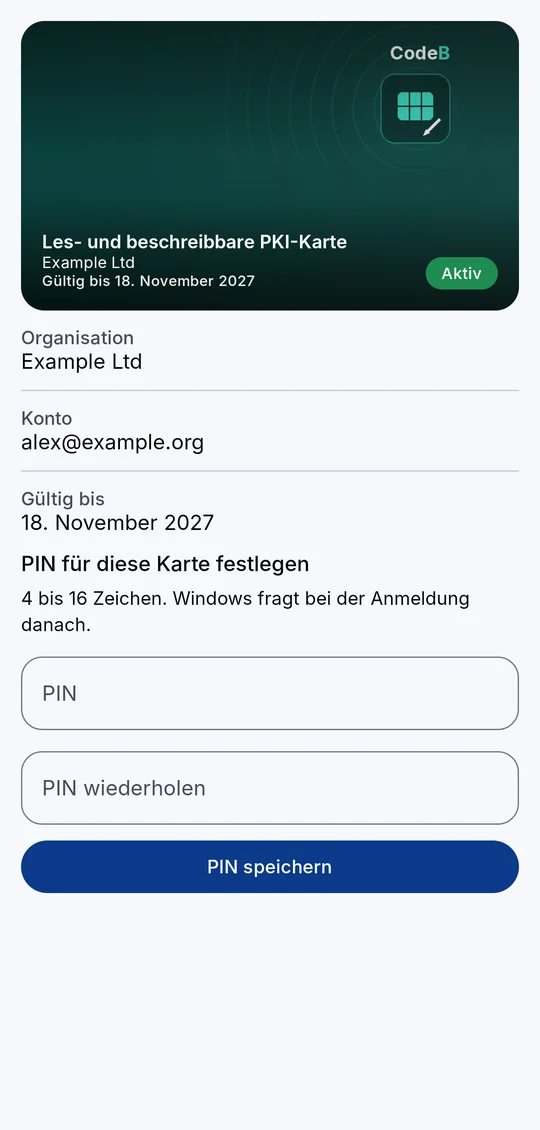 PIN einer neuen PKI-Karte festlegen: PIN, PIN wiederholen und PIN speichern