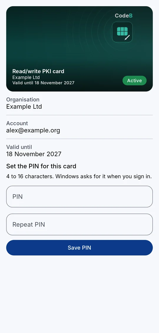 Setting the PIN of a new PKI card: PIN, Repeat PIN and Save PIN