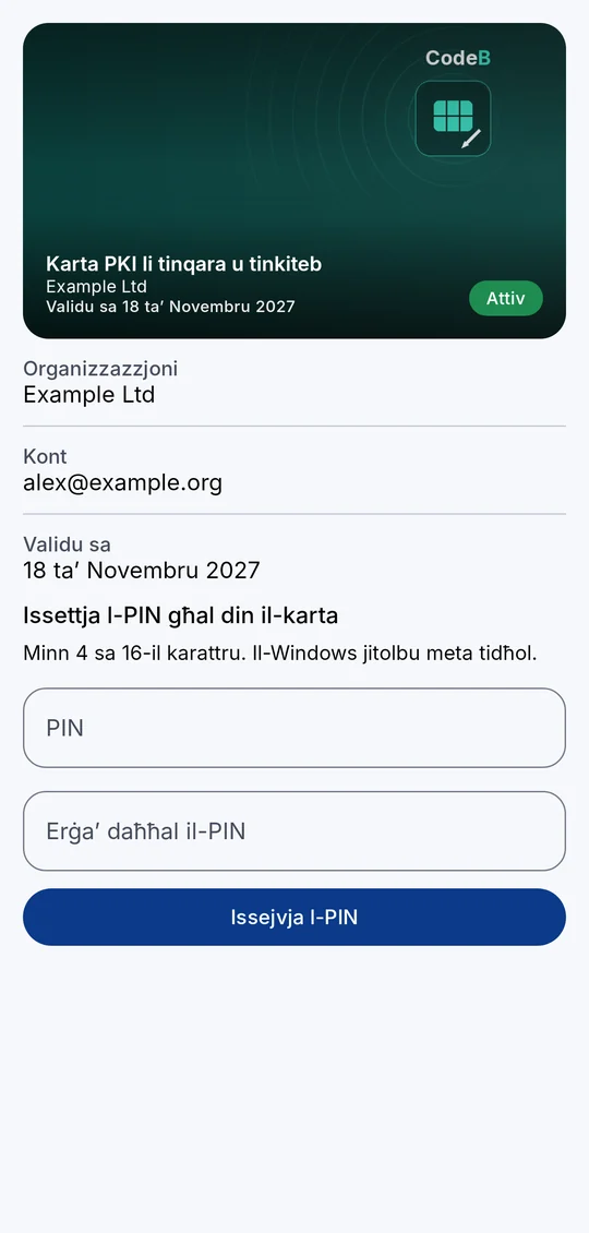 L-issettjar tal-PIN ta’ karta PKI ġdida: PIN, Erġa’ daħħal il-PIN u Issejvja l-PIN