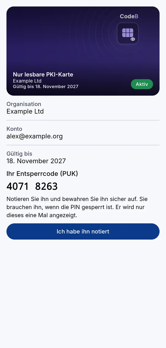 Der Entsperrcode (PUK) einer nur lesbaren PKI-Karte, nur einmal angezeigt (Beispielnummer)