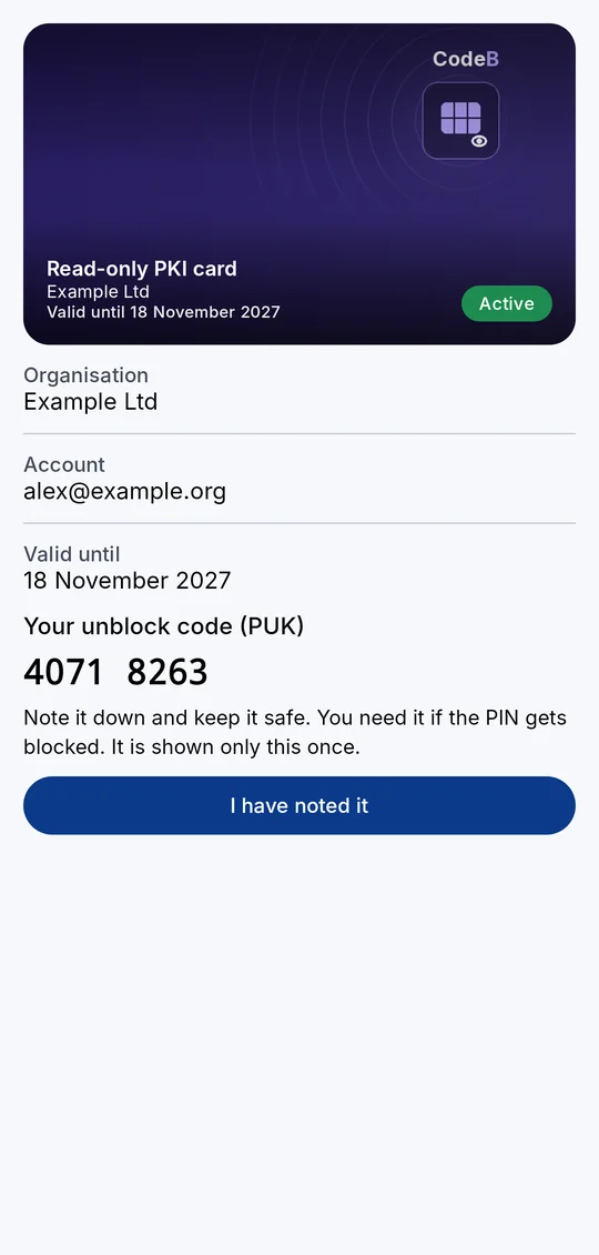 The unblock code (PUK) of a read-only PKI card, shown only once (sample number)