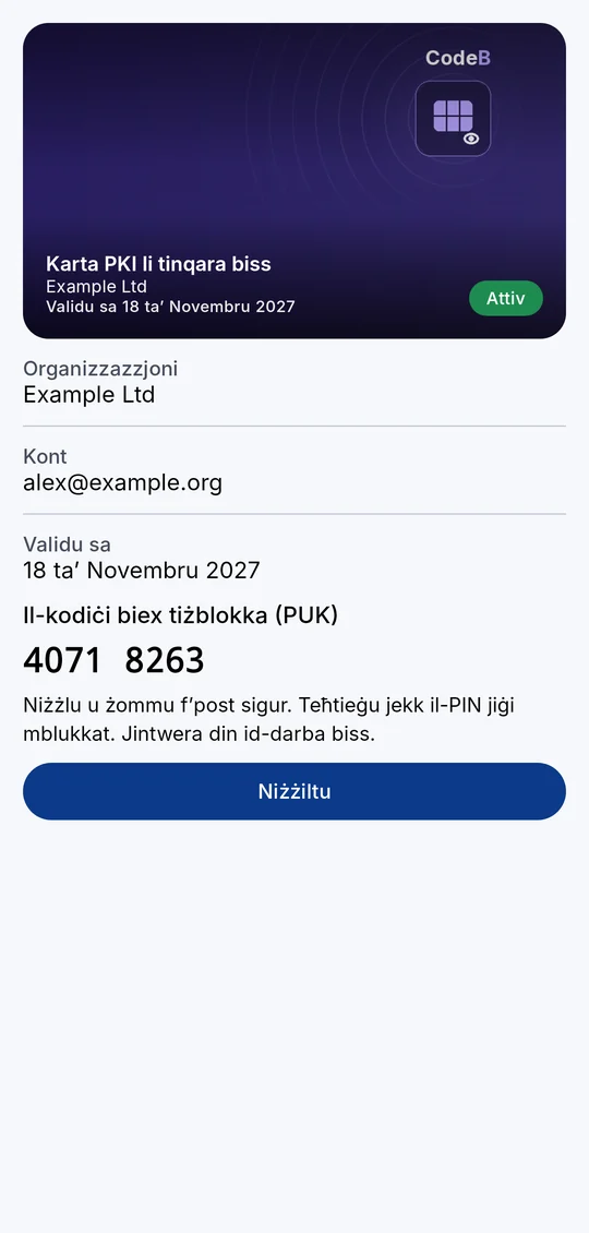 Il-kodiċi biex tiżblokka (PUK) ta’ karta PKI li tinqara biss, jintwera darba biss (numru ta’ eżempju)