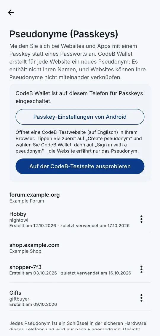 Der Bildschirm Pseudonyme: CodeB Wallet für Passkeys eingeschaltet, Pseudonyme nach Website