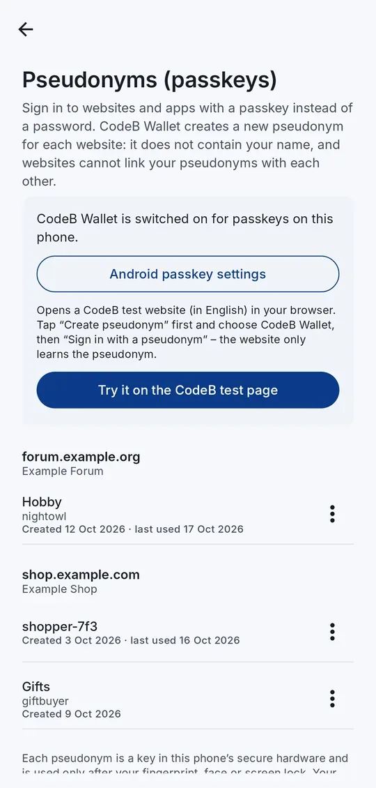 The Pseudonyms screen: CodeB Wallet switched on for passkeys, pseudonyms listed by website
