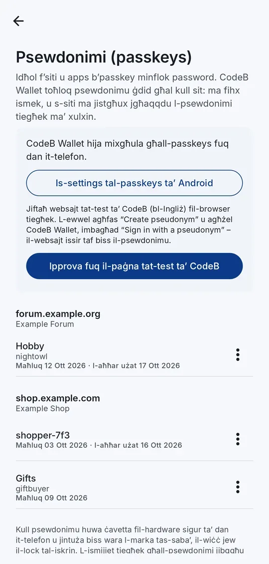 L-iskrin Psewdonimi: CodeB Wallet mixgħula għall-passkeys, psewdonimi skont is-sit