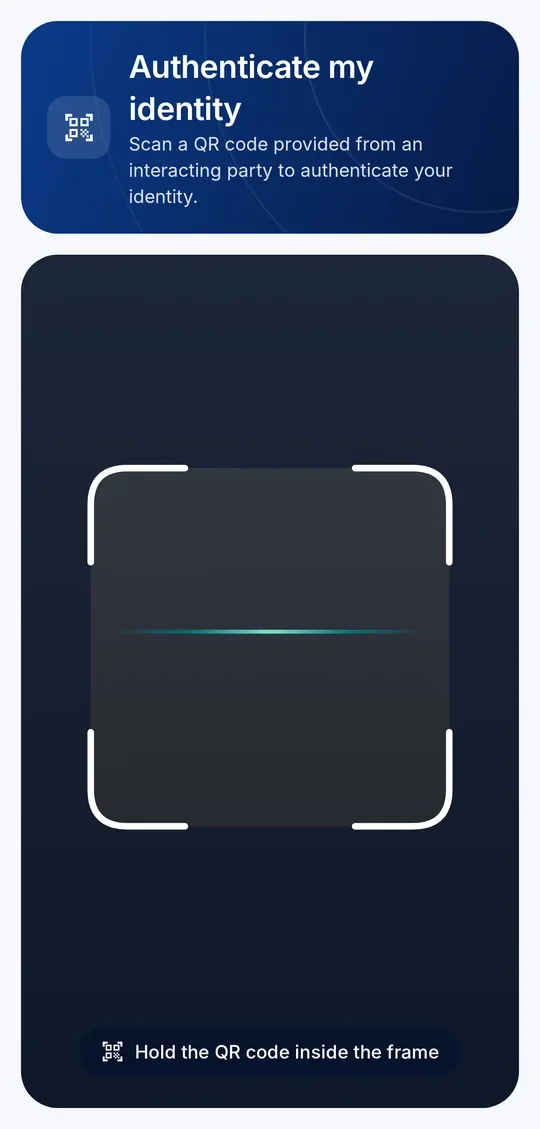 The QR scanner “Authenticate my identity” for scanning a website’s QR code