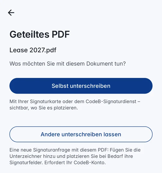 Geteiltes PDF in CodeB Wallet: Lease 2027.pdf mit den Möglichkeiten „Selbst unterschreiben“ und „Andere unterschreiben lassen“