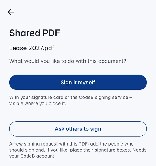 Shared PDF in CodeB Wallet: Lease 2027.pdf with the choices “Sign it myself” and “Ask others to sign”