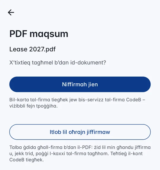 PDF maqsum f’CodeB Wallet: Lease 2027.pdf bl-għażliet “Niffirmah jien” u “Itlob lil oħrajn jiffirmaw”