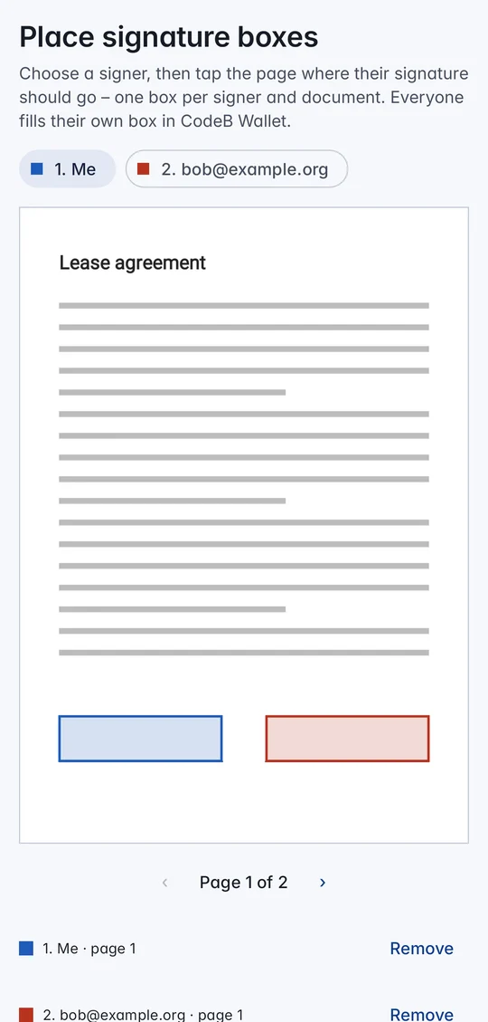 Placing signature boxes in CodeB Wallet: signer chips “1. Me” and “2. bob@example.org”, a page with a blue and a red box