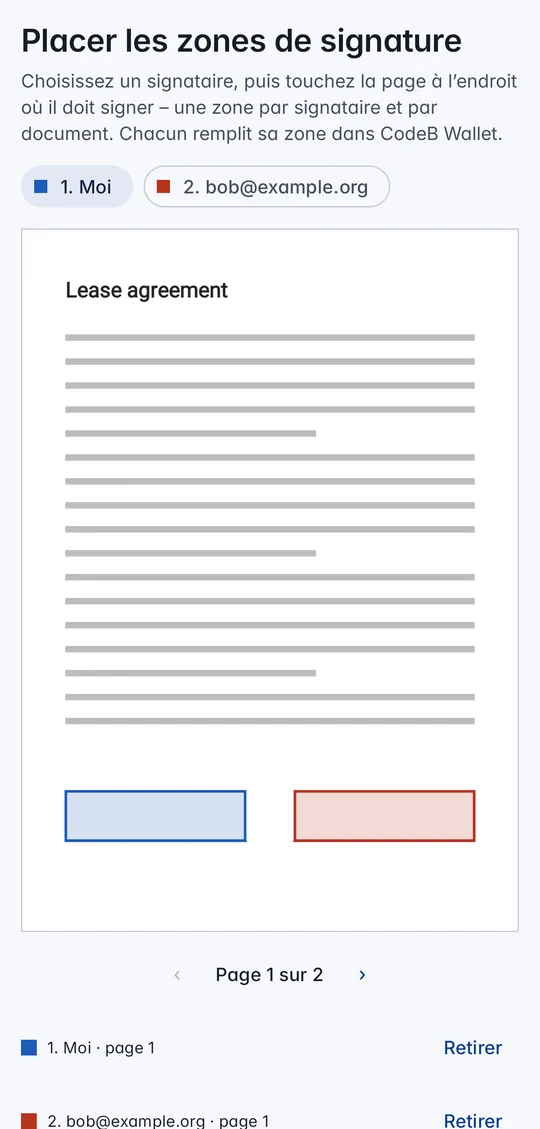 Placer des zones de signature dans CodeB Wallet : signataires « 1. Moi » et « 2. bob@example.org », une page avec une zone bleue et une rouge