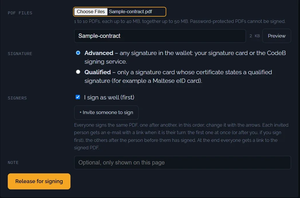 phone.codeb.io/sign-request: upload the PDFs, choose the signature type and who signs, then “Release for signing”