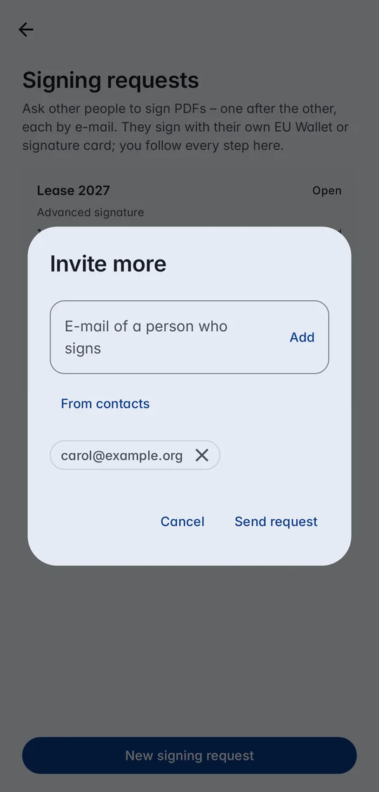 Invite more: carol@example.org added to an open signing request, with From contacts and Send request