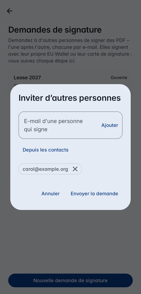 Inviter d’autres personnes : carol@example.org ajoutée à une demande ouverte, avec Depuis les contacts et Envoyer la demande