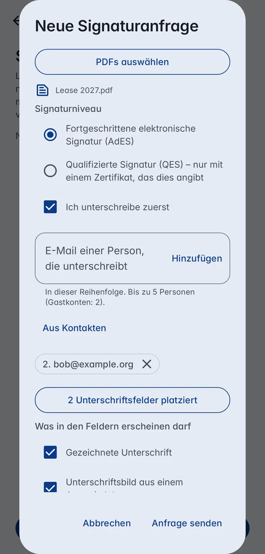 Neue Signaturanfrage in CodeB Wallet: Lease 2027.pdf, Signaturstufe, Ich unterschreibe zuerst, bob@example.org aus Kontakten, 2 Unterschriftsfelder platziert, was in den Feldern erscheinen darf