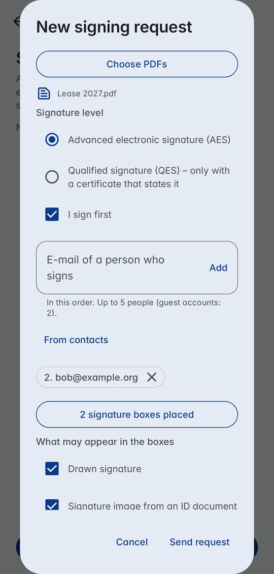 New signing request in CodeB Wallet: Lease 2027.pdf, signature level, I sign first, bob@example.org from contacts, 2 signature boxes placed, what may appear in the boxes