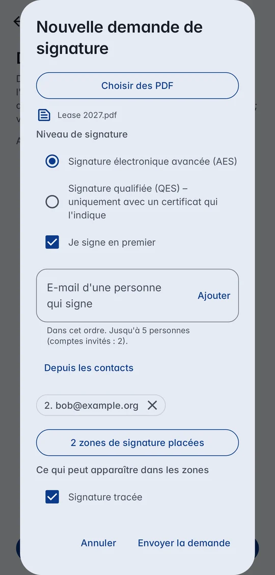 Nouvelle demande de signature dans CodeB Wallet : Lease 2027.pdf, niveau de signature, Je signe en premier, bob@example.org depuis les contacts, 2 zones placées, ce qui peut apparaître
