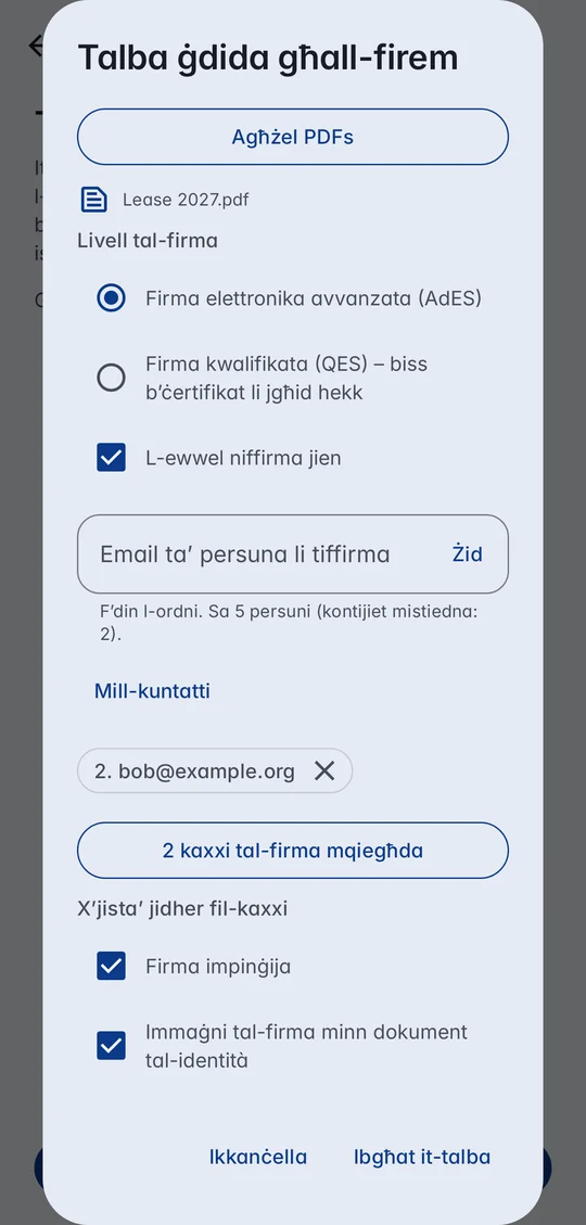 Talba ġdida għall-firma f’CodeB Wallet: Lease 2027.pdf, livell tal-firma, L-ewwel niffirma jien, bob@example.org mill-kuntatti, 2 kaxxi tal-firma, x’jista’ jidher fil-kaxxi